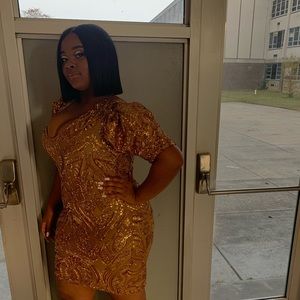 Gold Sequin Dress with Puffy Shoulders